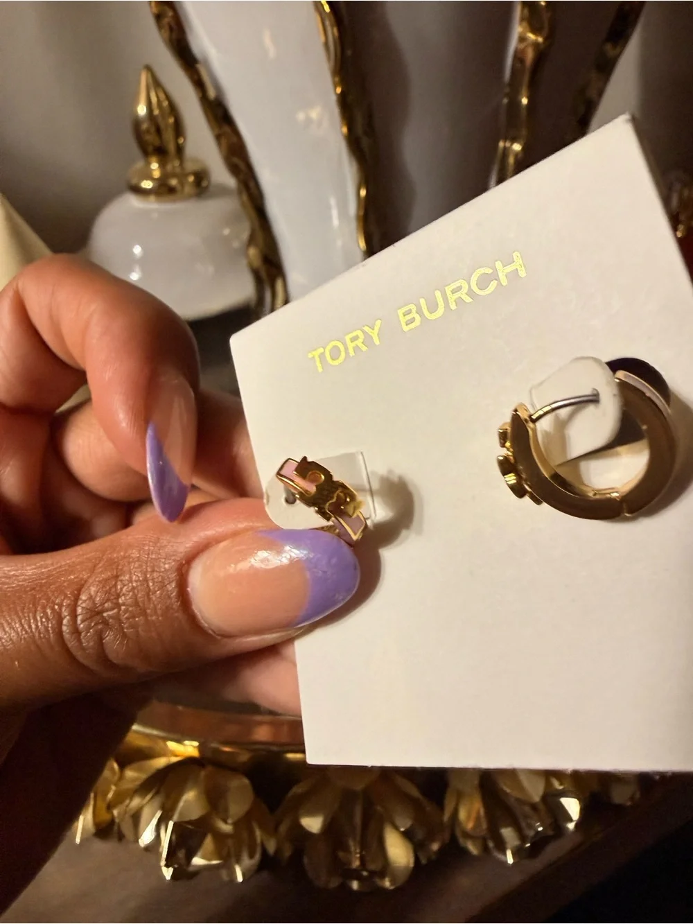 Tory Burch Gold & Pink Enamel T Mini Huggie Hoop Earrings